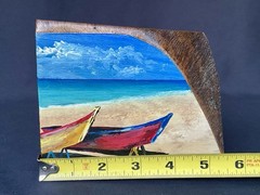 Painting On Wood 4.5″x 5.5″ Signed Folk Art Tropical Boat Scene Coastal Decor