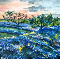 Bluebonnets Painting Original Art Oil Canvas Texas Landscape Wall Art 16×16″