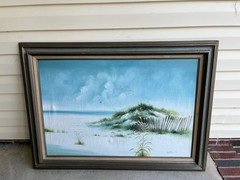 Vtg Coastal Landscape Oil Painting Beach Waves Dunes Seagulls Signed Framed