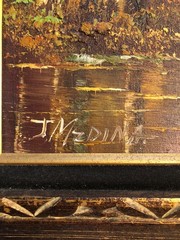 Vintage oil on canvas serene autumn forest scene mountains pond signed J Medina