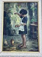 ANTIQUE IMPRESSIONISM PORTRAIT CHILD GIRL FEEDING CHICKENS SIGNED MYSTRY ITALIAN