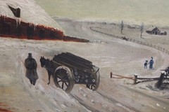 19thC ANTIQUE OIL PAINTING HORSE CART MOTHER CHILD COUNTRY LANDSCAPE GILT FRAME