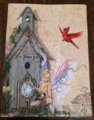 Fairy & Cardinal Birdhouse 9X12 Canvas Panel Storybook Painting Fairytales