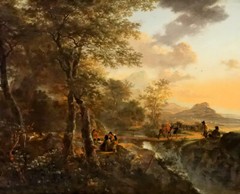 Oil painting jan both – Italian landscape with figures bridge at sunset canvas