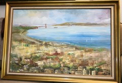 Vintage Large Irma Wallem Canvas Oil San Francisco Bay/Golden Gate Bridge 34″x24