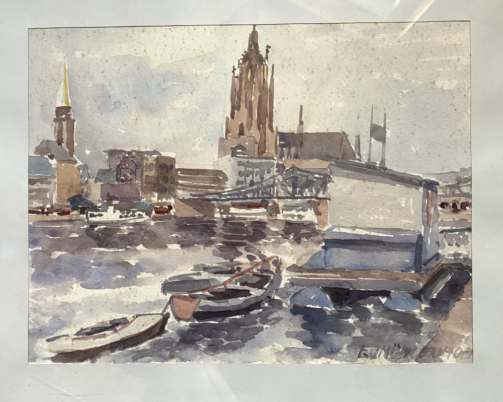 Watercolor Signed E.J.MÜHLENHOF Iron Footbridge and Frankfurt Imperial Cathedral