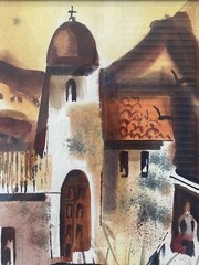 🔥 Vintage Modern Southwest Taos Pueblo Church Landscape Painting, Bernson 1960s