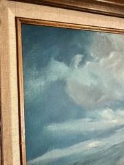 V. Lund – Oil Canvas Framed Painting – 32×44 (Sea, Ocean, Waves, Clouds, Rocks)