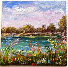 Original OIL Impasto PAINTING RIVER, MEADOW Olga Diduh Impressionism 4″x4″