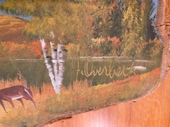 Jake Overbeek signed original oil painting on cedar wood , Rare folk painting