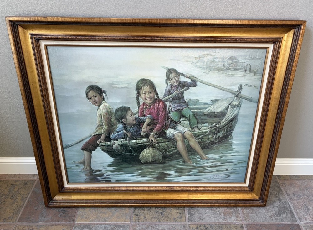 KEE FUNG NG – Girls in a Boat – Giclee on Canvas – Rare Art Work Signed 1981 NU