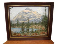 c1970’s Vtg. Alpine Mountain Lake Scene Oil Painting in Original Lrg Wood Frame