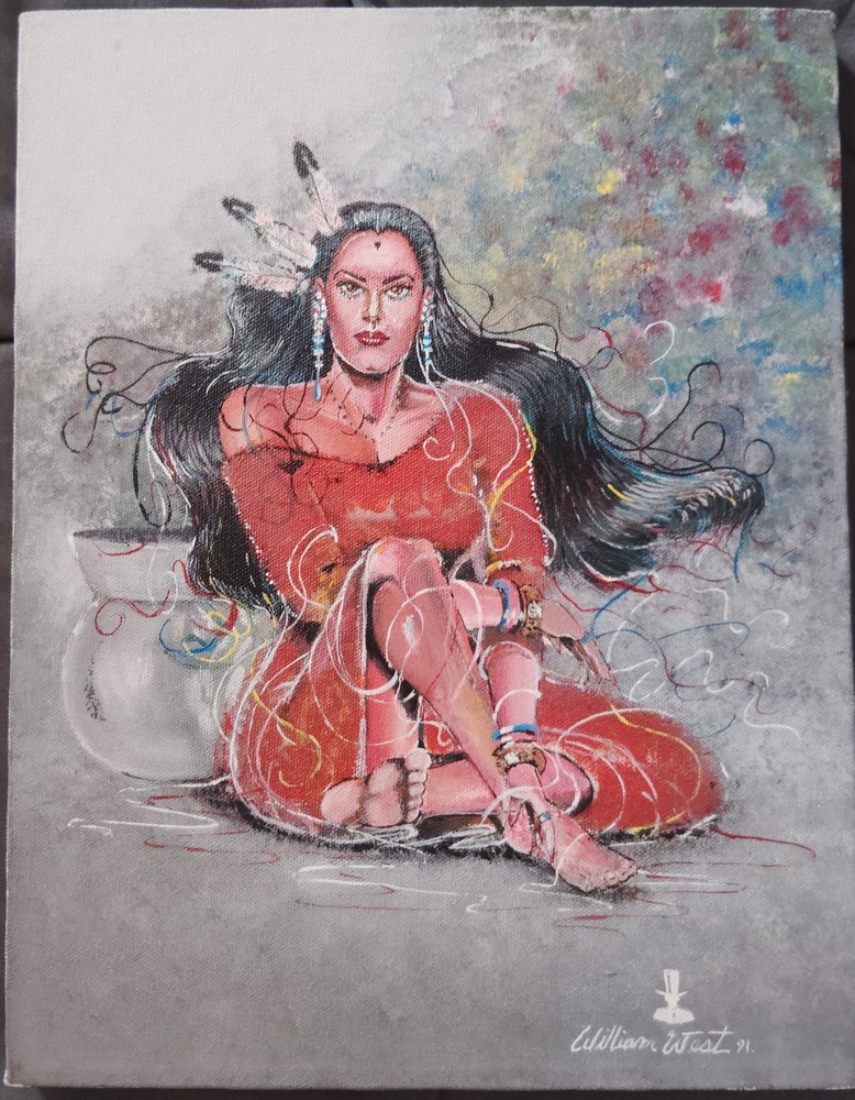 William West/Original Oil Painting/American Indian Woman/Folk Art/1991/Portrait