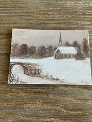 Vintage Small Sketch Painting Church in Snowy Woods & Bridge