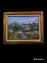 Mountain Scene With Creek Painting In Blue And Neutral Earth Tones By Thompson
