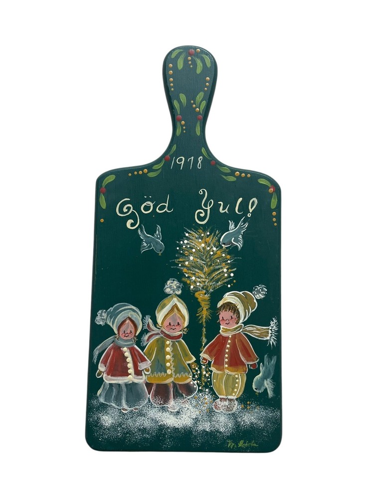 Vintage 1978 Painting on Wood Scandinavian “God Yul” Merry Christmas Children