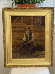 Antique c1904 Oil On Canvas O/C AMISH MAN HUSKING CORN Gilt Frame Signed C.SOPER