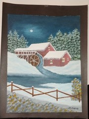 Vtg 9×12 Old Grist Mill Folk Art Winter Snow Rustic Oil Painting Signed M. Slane