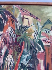 LARGE PAINTING MID CENTURY LANDSCAPE COASTAL TROPICAL PALMS MODERNIST MYSTERY