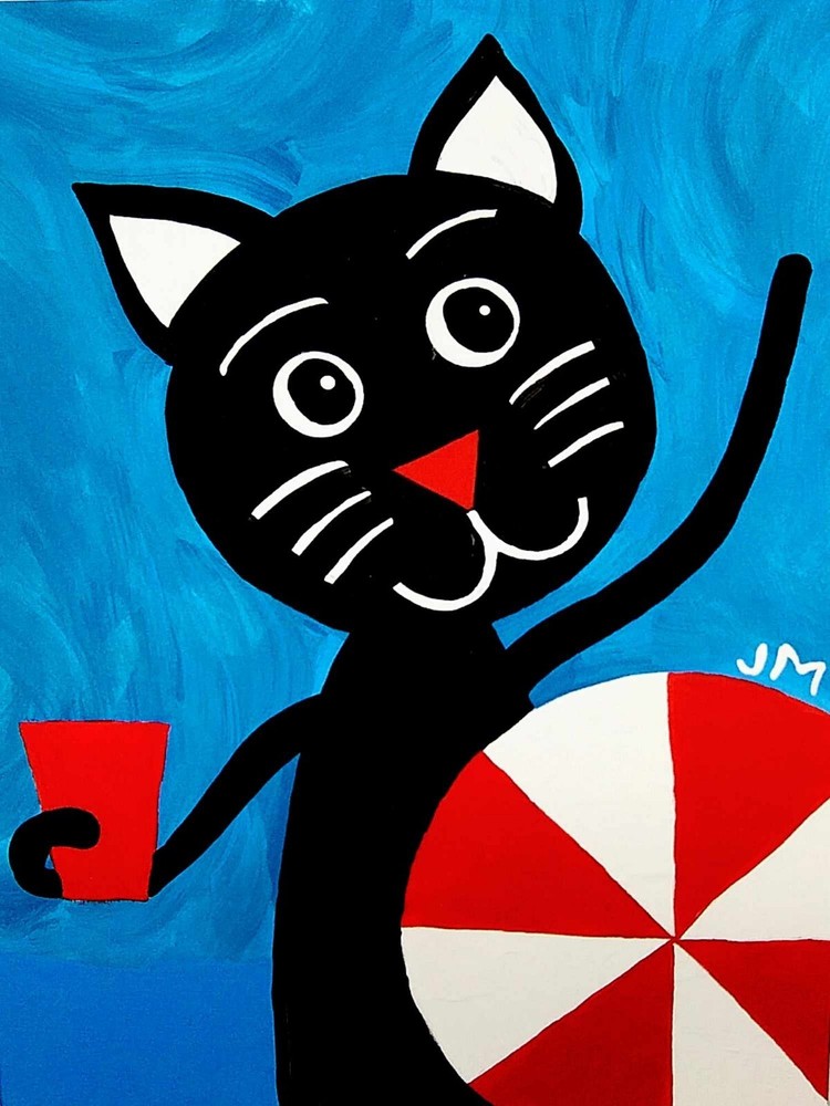 New! aceo size painting original signed happy art card „Cat’s Beach Day“