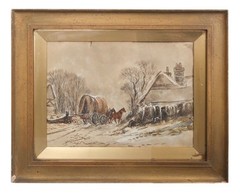 „Untitled“ (Village Scene in Winter) Watercolor on Paper, Unknown Artist 21×17″