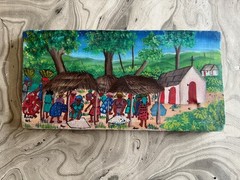 Folk Art Original A. LOUIS Haiti Signed Oil Painting On FLOUR SACK 7″ x 14 1/4″