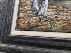 Vintage oil on canvas watermill signed W Jones in distressed style frame 27×31
