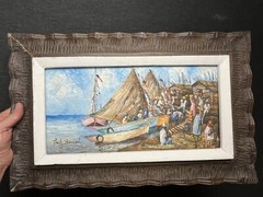 Vintage ORIGINAL ART PAINTING BY HAITIAN MASTER Fritz Bonnet Haiti Boat Docks