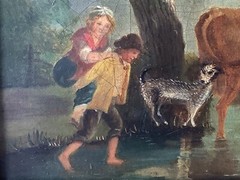 18th Century Paul and Virginia Cow Dog Stream Landscape Blue Sky French Oil