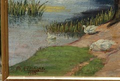 Philipp Jakob Erlanger Signed Oil Painting on Cardboard, 1923 Ducks by the Lake