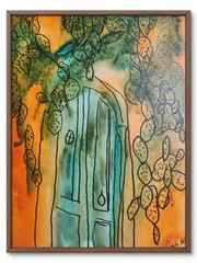 Abstract Orange Cactus Door Watercolor Original Wall Art 14X11 Canvas Acrylic