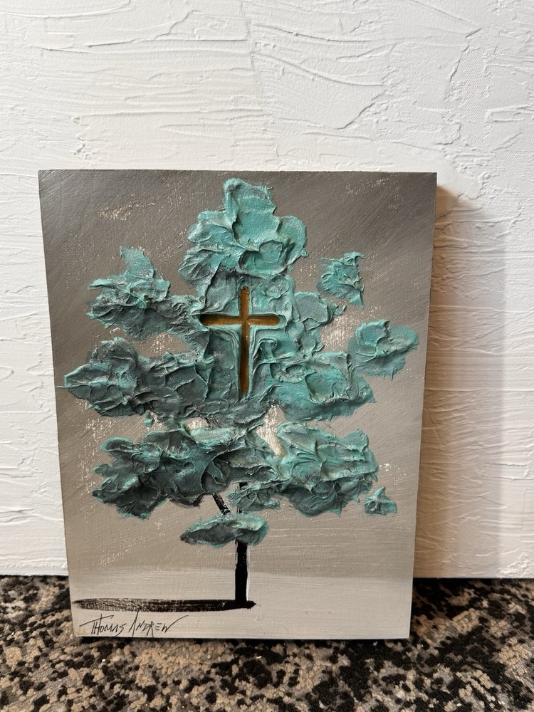 Original Textured Cross Tree Painting 9×12 Religious Christian Signed Wall Art