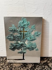 Original Textured Cross Tree Painting 9×12 Religious Christian Signed Wall Art