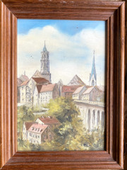 Oil painting undetermined sign church view on Rottweil Wilhelm Rahn rare