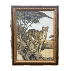 Vintage Fascinating Wild Leopard Nature Oil Painting Black Gold Framed