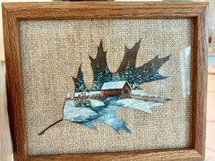 Vintage Bunny Coppe Signed Real Oak Leaf Painting Framed 10×12 Winter Cabin Art