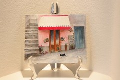 Original Oil Painting, Europe street scene, Puppy goes shopping