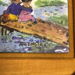 Enamel on Copper Painting SIGNED Helen Regenstreif Children Fishing 10” Vintage