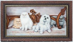 Cute Judy Cook Oil Painting of Three Persian Cats and One Maltese Framed 25×35″