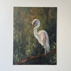 Original Egret Bird Painting, Wildlife Art, Oil On Hardboard,12×16 Inch Wildlife