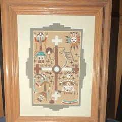 Marshall Hitey Signed Framed Matted Native American Painting Figures Sun Cross