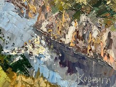 Oil painting way home Ukrainian painter fiberboard original Carpathian landscape