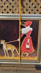 Karen Dupré Woman Walking Cheetah Signed Art Deco Painting 30″ x 30″ Framed