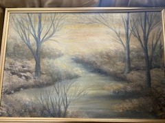 Huge Vintage „Trees And Stream Landscape At Sunset Scene“ Oil Painting – Framed
