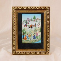 Persian Suratgari Polo Scene Miniature Painting on Bone Khatam Marquetry Frame