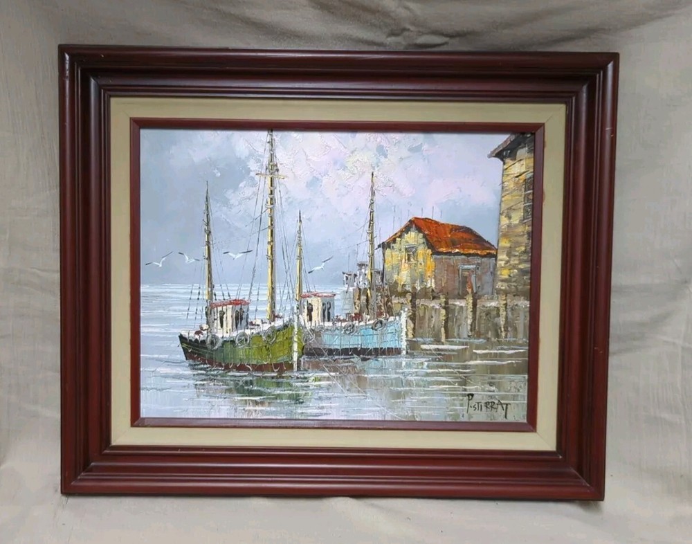 P.STIRRAT SMALL SEASCAPE Fishing BOATS AT DOCK OIL ON CANVAS PAINTING