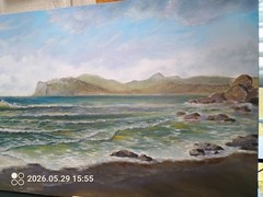 Art 48″/24″ Black Sea. Crimea. Summer on the beach .Oil Painting Stretched Canva