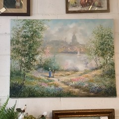Oil Painting Pastel Late Spring European City Colorful Garden Pond w Boats 40×30