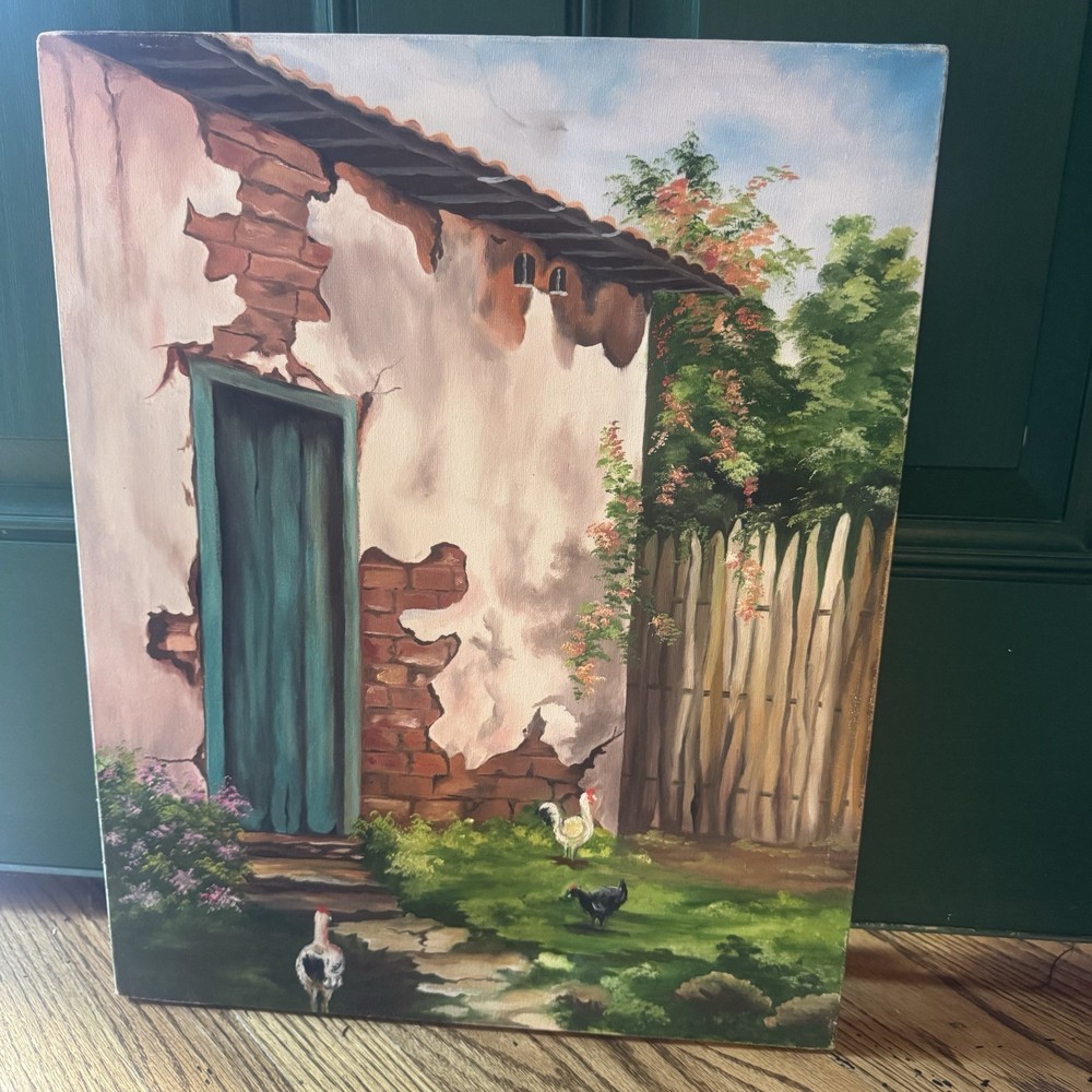 Vintage Original Painting | Rustic Farmhouse Scene w/ Chickens | Americana Art