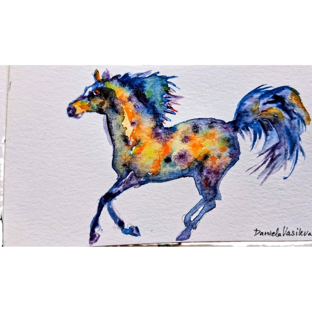 Original watercolor painting Signed horse running art,horse lover Best gift 3×5″